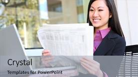  Presentation with office newspaper - Audience pleasing slides consisting of pretty asian business woman reading backdrop and a light gray colored foreground