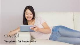  Presentation with pretty girl - Colorful presentation design enhanced with blue and gray colors white backdrop and a light gray colored foreground