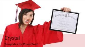  Presentation with graduation - Beautiful presentation theme featuring pretty asian woman at graduation holding her degree backdrop and a red colored foreground