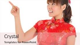  Presentation with chinese new year - Beautiful slide deck featuring pretty asian woman with chinese traditional dress cheongsam or qipao finger pointing at blank copy space chinese new year concept female model isolated on white background backdrop and a lemonade colored foreground
