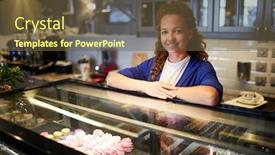  Presentation with cafeteria - Presentation consisting of pretty assistant in workwear standing by display with assortment of desserts and pastry in cafeteria background and a tawny brown colored foreground