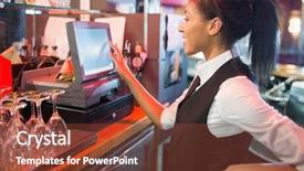  Presentation with bar - Audience pleasing presentation consisting of pretty barmaid using touchscreen till backdrop and a tawny brown colored foreground