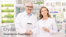  Presentation with pharmacist - PPT theme with pretty-blond-female-pharmacist background and a sky blue colored foreground