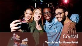  Presentation with pretty girl - PPT theme consisting of pretty-blond-girl-holding-smartphone background and a tawny brown colored foreground