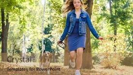  Presentation with beagle dog - Slide deck featuring pretty blond girl running with beagle dog in sunshine autumn park background and a coral colored foreground