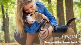  Presentation with beagle dog - Audience pleasing presentation consisting of pretty blond girl sit hugging beagle dog in a sunshine autumn park backdrop and a coral colored foreground