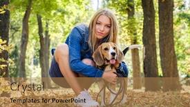  Presentation with beagle dog - Amazing presentation design having pretty blond girl sit hugging beagle dog in a sunshine autumn park backdrop and a coral colored foreground