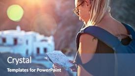  Presentation with city map - PPT layouts featuring traveler woman in trip to high mountins pretty blond girl with map in hands and backpack searching the right way enjoying view of mountainous city active summer vacation background and a teal colored foreground