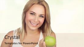  Presentation with green apple - Slide set enhanced with pretty blond woman with green background and a coral colored foreground