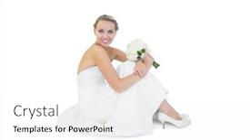  Presentation with bride - Presentation theme featuring pretty blonde bride sitting on floor holding a bouquet smiling at camera background and a white colored foreground