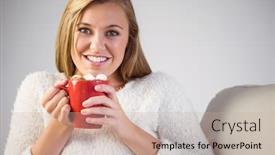  Presentation with hot chocolate - Presentation having pretty-blonde-enjoying-hot-chocolate background and a mint green colored foreground