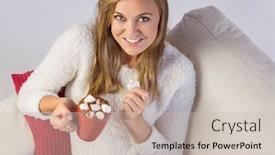  Presentation with hot chocolate - Audience pleasing presentation theme consisting of pretty-blonde-enjoying-hot-chocolate backdrop and a soft green colored foreground