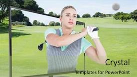  Presentation with golf - PPT theme featuring pretty blonde playing golf against view of a landscape background and a mint green colored foreground