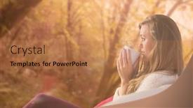  Presentation with tranquil - Slides with pretty blonde relaxing on the couch with tea against tranquil autumn scene in forest background and a coral colored foreground