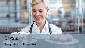  Presentation with cake - Audience pleasing PPT theme consisting of pretty blonde showing her cake backdrop and a light blue colored foreground