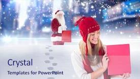  Presentation with poster - Colorful theme enhanced with pretty blonde showing red poster against santa delivering gifts in city backdrop and a sky blue colored foreground