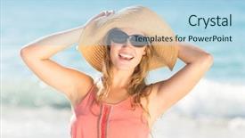  Presentation with straw - Audience pleasing slide deck consisting of pretty blonde wearing straw hat and looking at camera at the beach backdrop and a light blue colored foreground