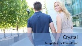  Presentation with college campus - PPT theme featuring pretty blonde woman and man holding hands at college campus background and a teal colored foreground