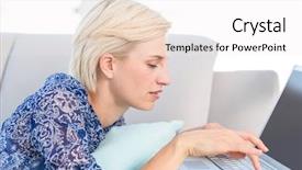  Presentation with online shopping - Slide set consisting of pretty blonde woman doing online shopping in the living room background and a sky blue colored foreground