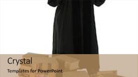  Presentation with law books - Slide deck enhanced with pretty blonde woman judge in black robe with gavel standing behind stack of 70 year old law books background and a coral colored foreground