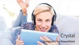  Presentation with listening woman - Presentation theme consisting of pretty blonde woman lying on the couch and listening music in the living room background and a light blue colored foreground