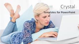  Presentation with social isolation - Presentation theme consisting of pretty blonde woman lying on the couch and using her laptop in the living room working from home in quarantine lockdown social distancing self isolation background and a white colored foreground