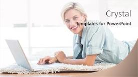  Presentation with social isolation - Slide set with pretty blonde woman lying on the floor and using her laptop in the living room working from home in quarantine lockdown social distancing self isolation background and a sky blue colored foreground