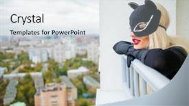  Presentation with black cats - PPT theme enhanced with pretty blonde woman with black cats looks down on balcony in city background and a sky blue colored foreground