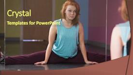  Presentation with break dance - Audience pleasing presentation consisting of pretty break dancer doing the splits looking in mirror in the dance studio backdrop and a tawny brown colored foreground