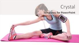  Presentation with stretch - Amazing presentation design having pretty brunette doing the hamstring stretch on exercise mat on white background backdrop and a light gray colored foreground