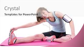  Presentation with stretch - Slide set having pretty brunette doing the hamstring stretch on exercise mat on white background background and a white colored foreground