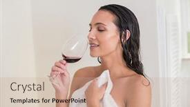  Presentation with wine - PPT theme consisting of pretty brunette drinking red wine in her bedroom background and a coral colored foreground