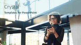  Presentation with entrepreneur - PPT theme with pretty-brunette-female-entrepreneur-wearing background and a  colored foreground