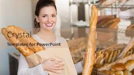  Presentation with bakery - Slides consisting of pretty brunette holding bag of bread at the bakery background and a coral colored foreground