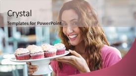  Presentation with pastries - Cool new presentation design with pretty brunette holding plate of pastries at the bakery backdrop and a coral colored foreground