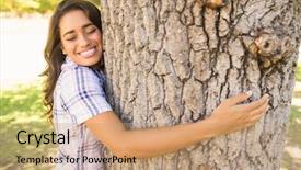  Presentation with tree wildland fire - Colorful presentation design enhanced with pretty brunette hugging tree on a sunny day backdrop and a coral colored foreground