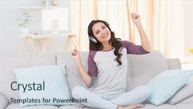  Presentation with living room - Cool new presentation design with pretty brunette listening to music on the couch at home in the living room backdrop and a sky blue colored foreground