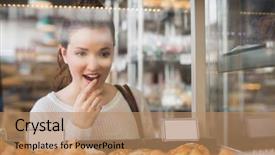  Presentation with bakery - Colorful slides enhanced with pretty brunette looking at pastrys backdrop and a coral colored foreground