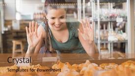  Presentation with bakery - Presentation theme with pretty brunette looking at pastrys at the bakery background and a coral colored foreground