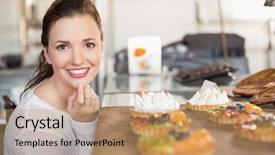 Presentation with bakery - Cool new presentation theme with pretty brunette looking at tarts at the bakery backdrop and a coral colored foreground