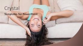  Presentation with living room - Amazing presentation theme having pretty brunette lying upside down on couch at home in the living room backdrop and a lemonade colored foreground