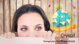  Presentation with fair trade - PPT theme having pretty brunette peeking at chocolate background and a  colored foreground