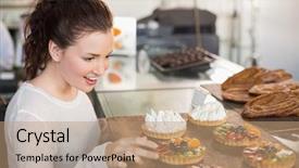  Presentation with bakery - Colorful slides enhanced with pretty-brunette-picking-a-tart backdrop and a coral colored foreground