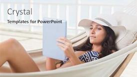  Presentation with relaxing - Beautiful slide deck featuring pretty brunette relaxing on a hammock and using tablet pc in patio backdrop and a sky blue colored foreground