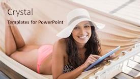  Presentation with relaxing - Beautiful PPT theme featuring pretty brunette relaxing on a hammock and using tablet pc in patio backdrop and a lemonade colored foreground