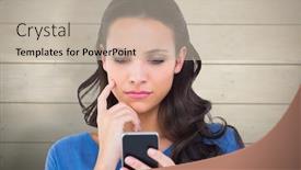  Presentation with bleached - PPT layouts featuring pretty brunette sending a text against bleached wooden planks background background and a mint green colored foreground