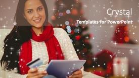  Presentation with twinkling stars - Slides enhanced with pretty brunette shopping online on sofa at christmas against twinkling stars background and a violet colored foreground