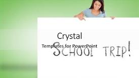  Presentation with school trip - PPT theme with pretty brunette showing card with school trip against green background background and a white colored foreground