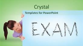  Presentation with exam - PPT theme consisting of pretty brunette showing card with exam against green background background and a mint green colored foreground