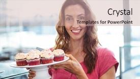  Presentation with pastries - Presentation theme consisting of pretty brunette showing plate of pastries at the bakery background and a coral colored foreground
